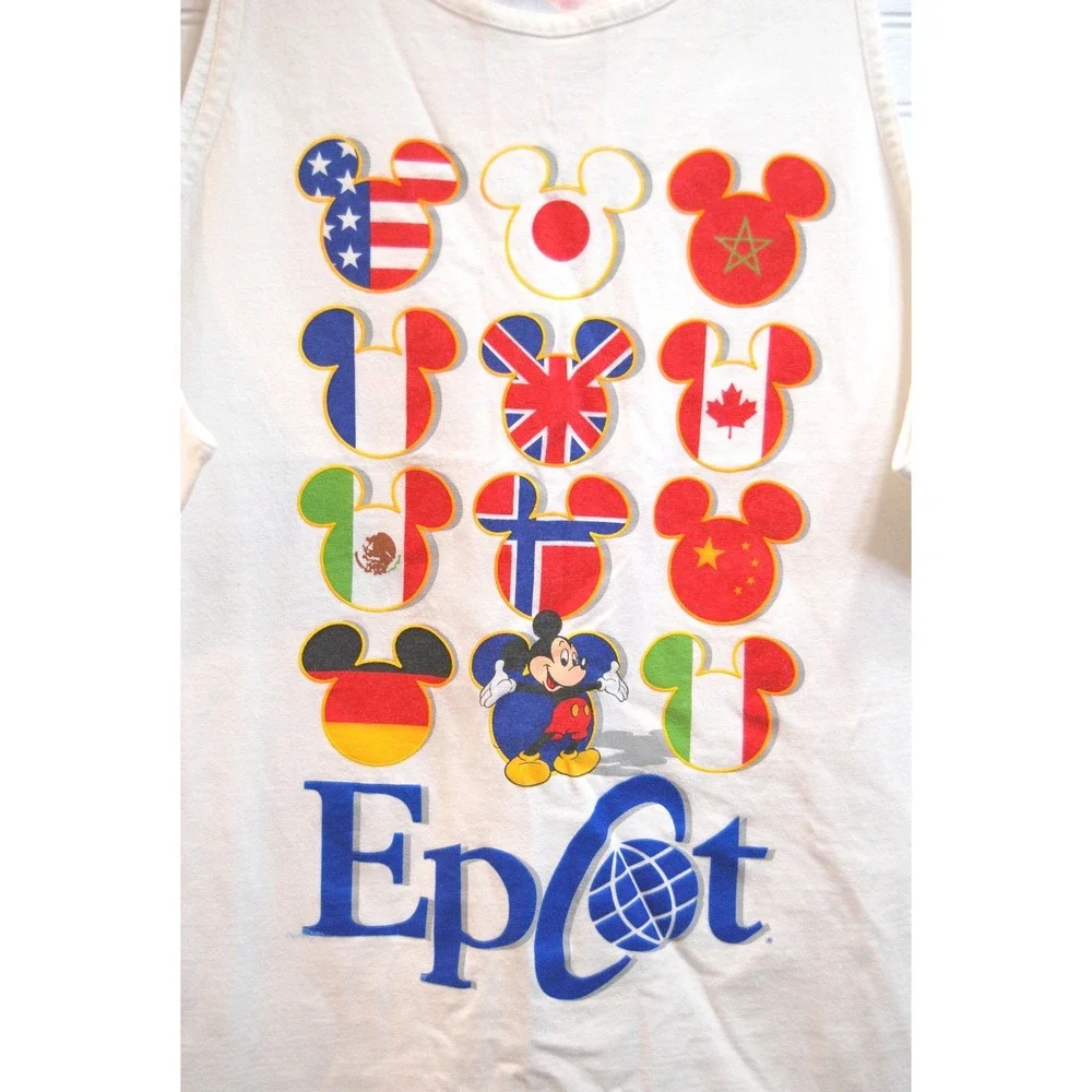 Disney World Epcot Tank Top Men's XL 90s White Sleeveless T-shirt Flags Vintage